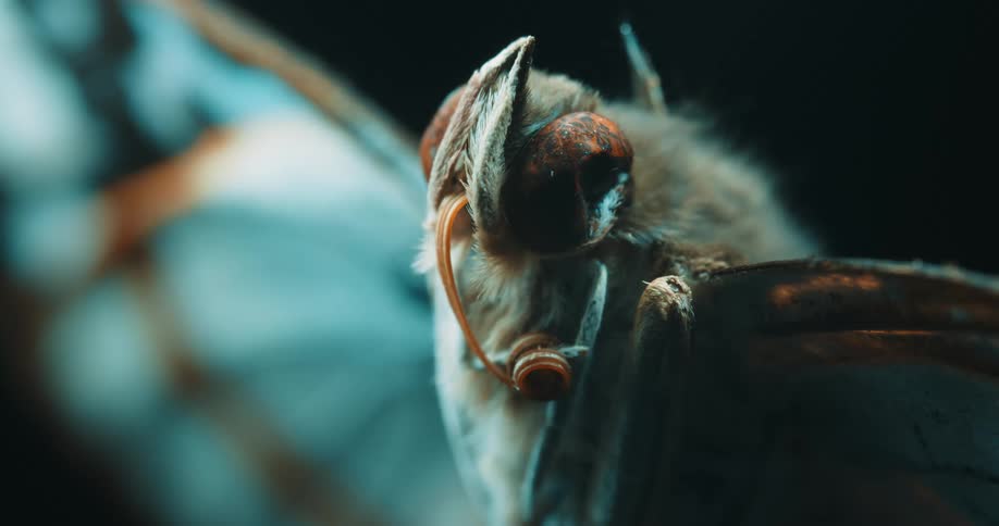 The head of a moth is shown revealing its large compound eyes and coiled proboscis