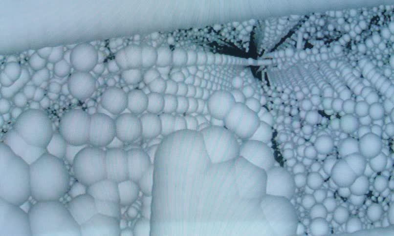 White spheres form vertical columns that gather together densely enough at the top to form abstract shapes