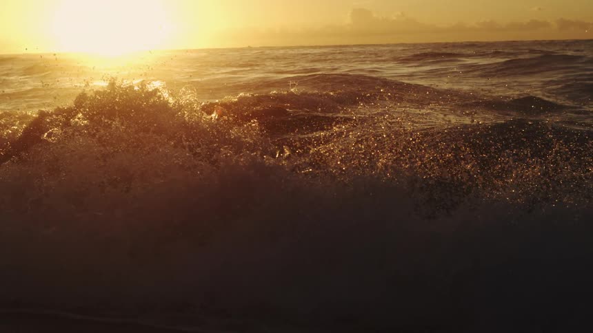 Sun shines from the horizon while a wave breaks on the beach