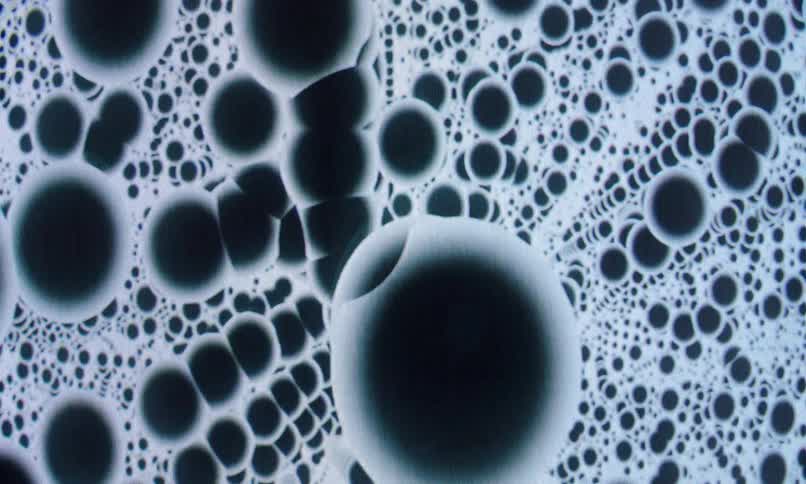 Clusters of dark blue spheres moving in a light blue environment