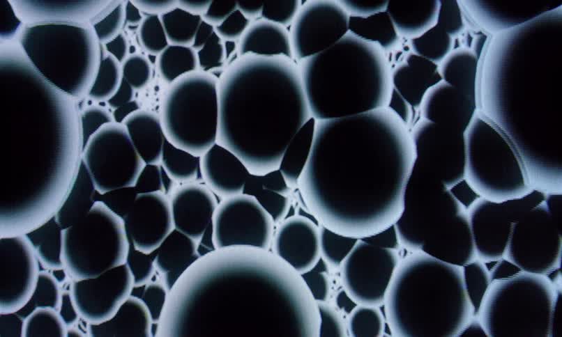 A microscopic closeup view showing a series of small black and white spherical particles clustered or scattered across a surface