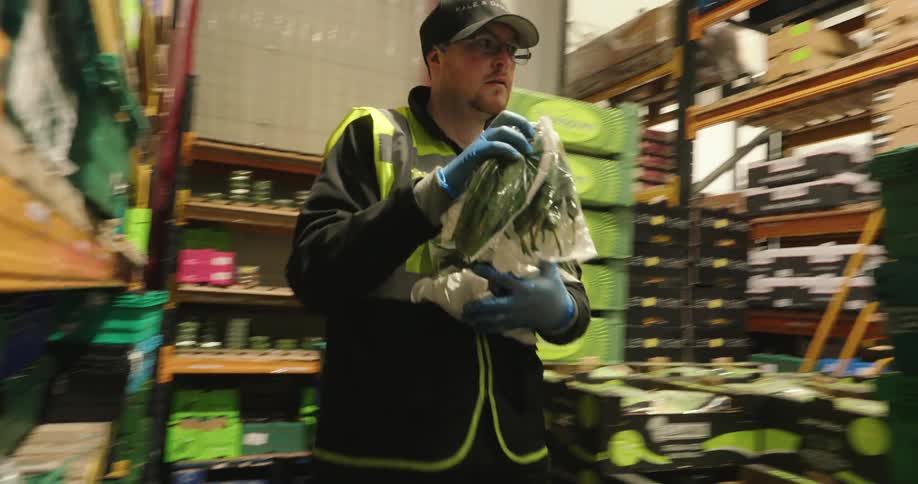 Replenisher picking up packaged vegetables and placing them inside a box