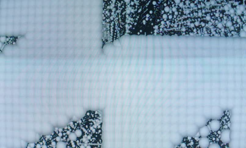 A digital animation of blackandwhite abstract shapes and spheres forming symmetrical organic patterns resembling a futuristic or microscopic scene