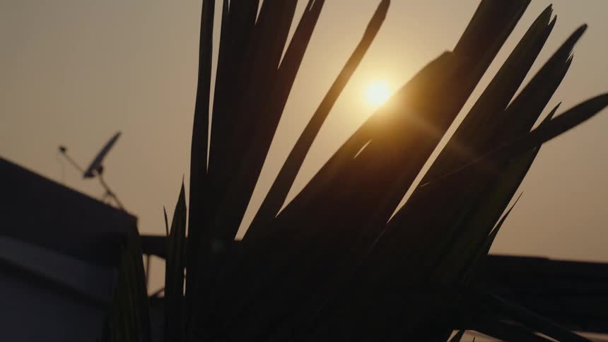 The sun is rising on the home with a satellite dish on the roof