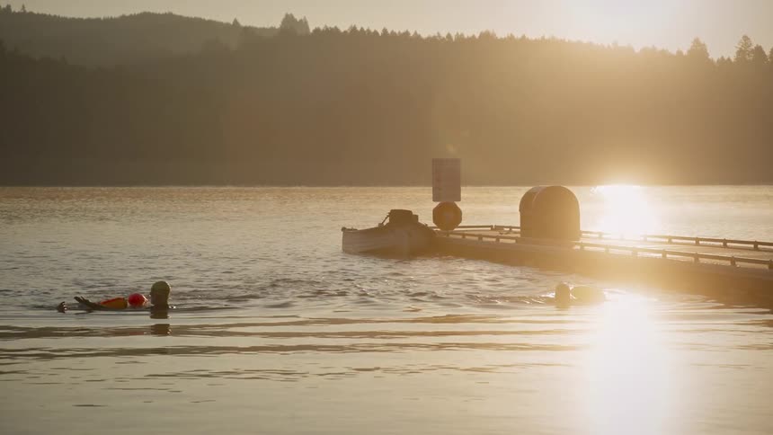 Silhouette of three people swimming in a lake with a sunset on the horizon