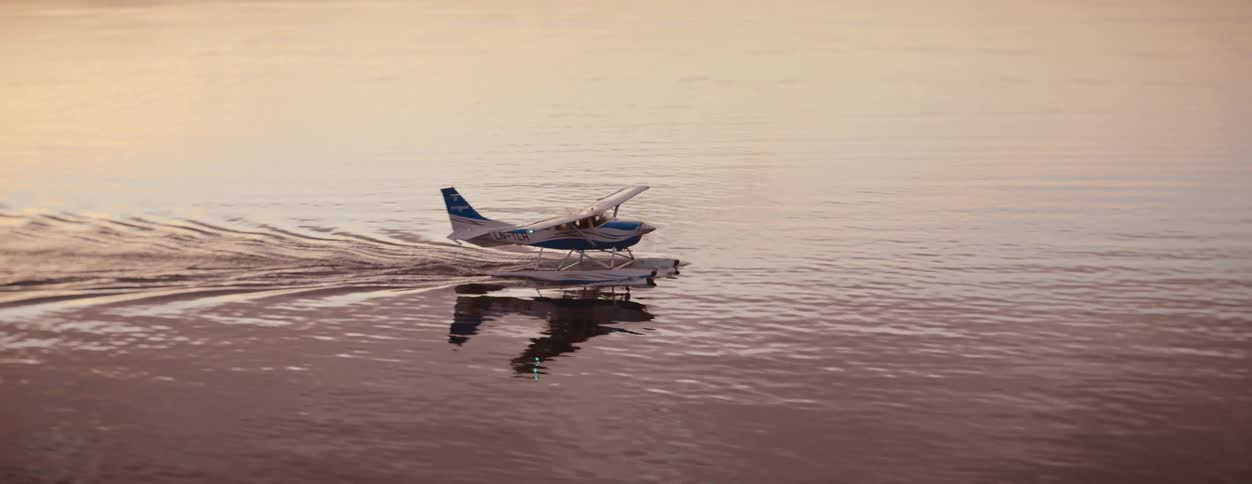 The boat plane floats along the water