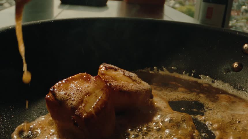 A spoon ladles sauce over some food