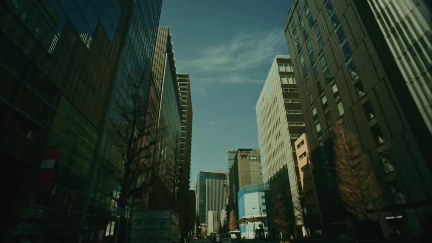 Upward view of buildings in a bustling metropolis