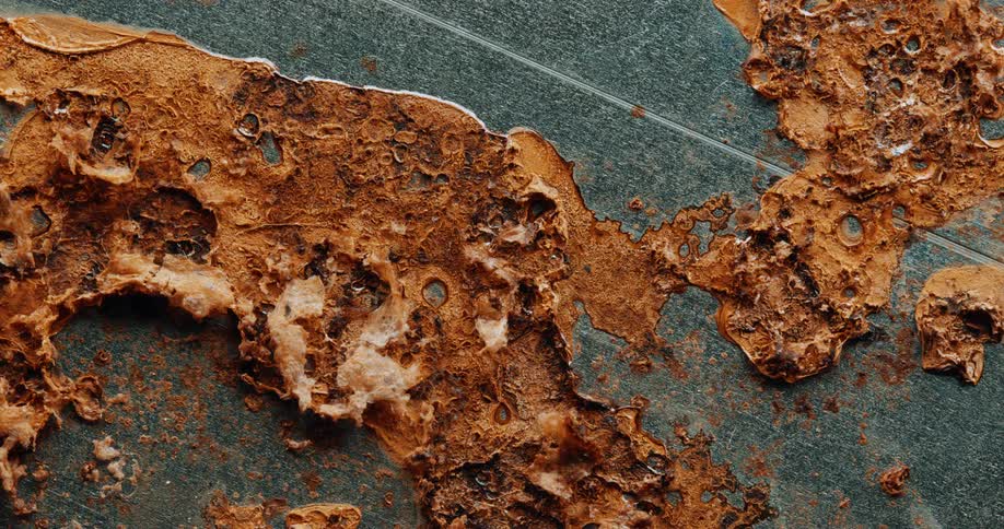 Textured bubbly mass forms a drying smear on the floor during the daytime