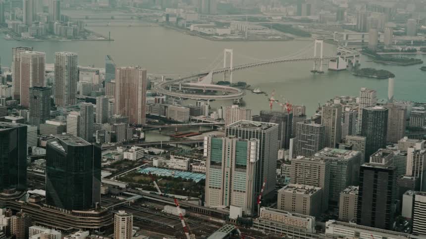 Aerial view of a densely populated metropolis with tall buildings scattered among narrow streets