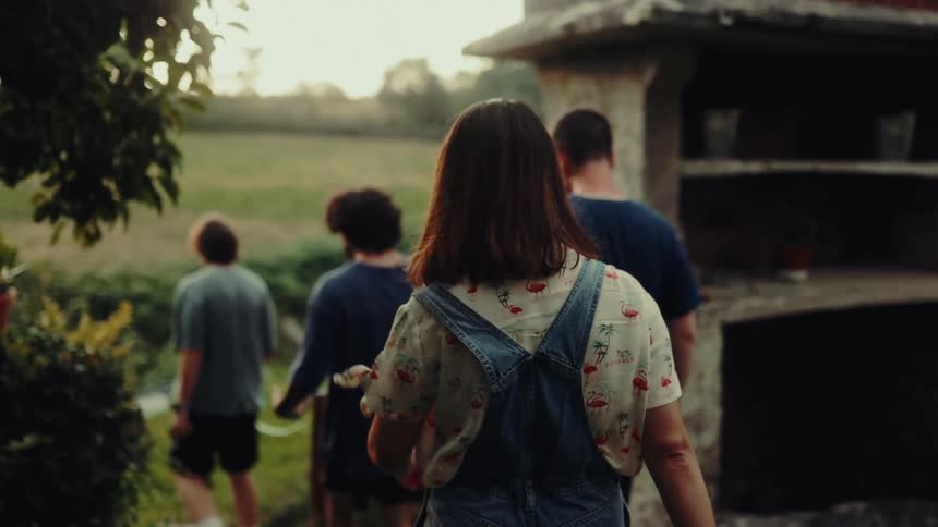 People walking in a row outdoors with trees around