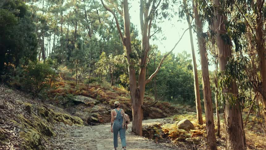 Woman in dungarees and a backpack walking along a forest trail
