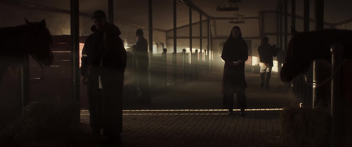A dimly lit horse stable with several silhouetted people tending to horses illuminated by shafts of light filtering through the barn