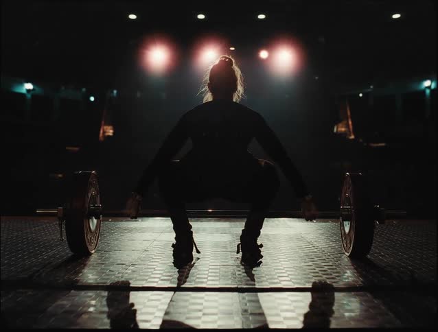 A silhouetted woman is in a squat position preparing to lift a barbell on a dimly lit stage under spotlights
