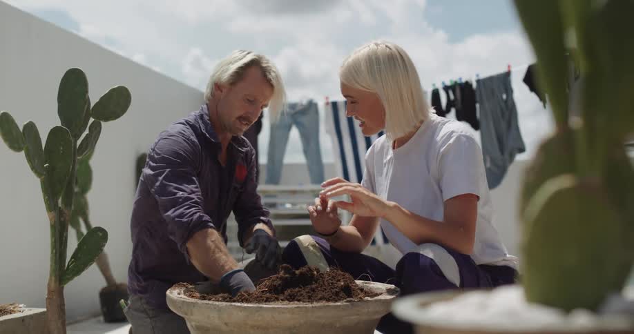 A couple is gardening on a rooftop and having a conversation