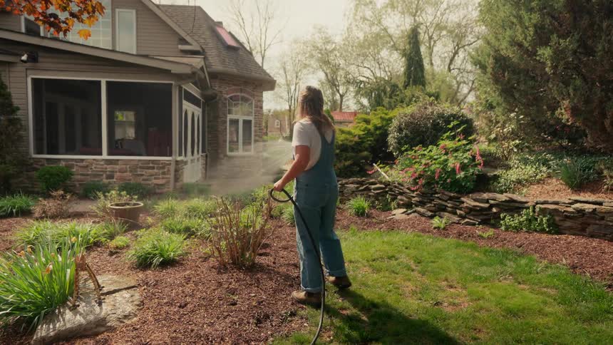 Woman waters plants in a garden with a hose during the day