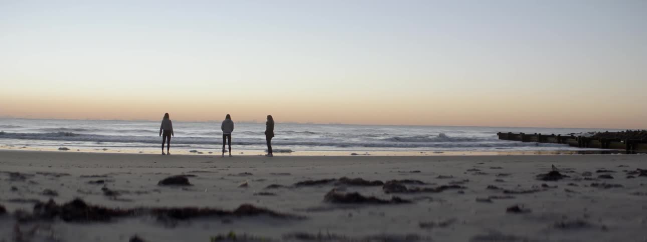 Three girls walk along the beach shore