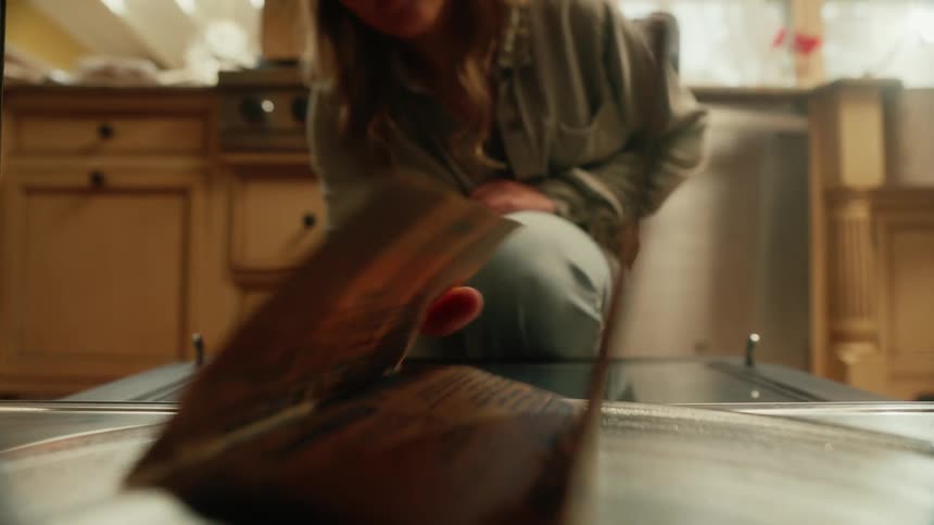 A woman is placing a bag of popcorn into an open oven seen from the ovens interior point of view