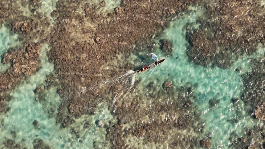 A boat sailing the sea over reefs