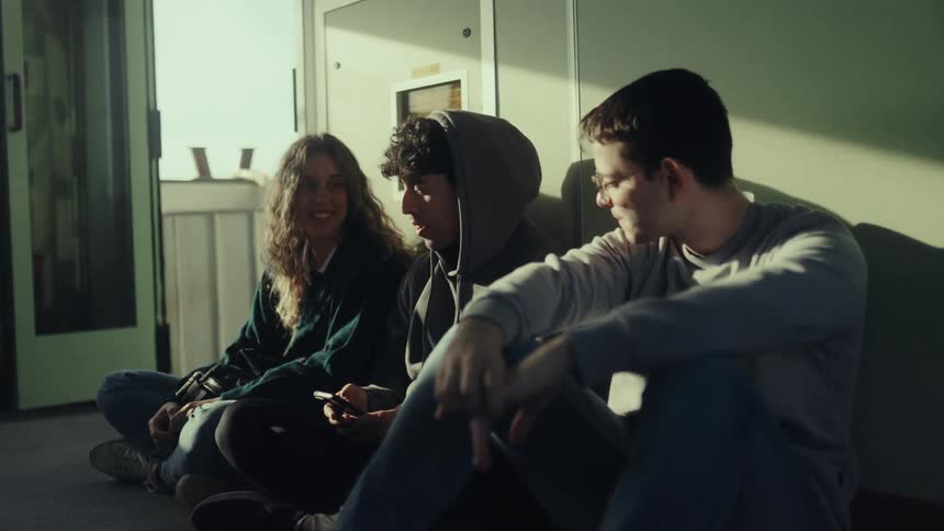 Teenagers are sitting on the floor talking