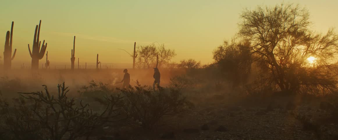 Two people walk through a desert landscape with cacti and trees at sunset surrounded by a haze of dust