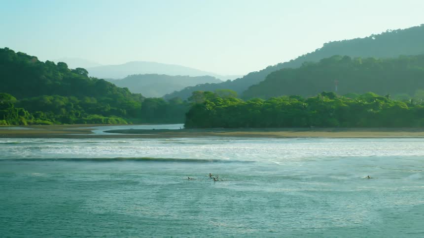 A group of people swimming in a river in a tropical forest