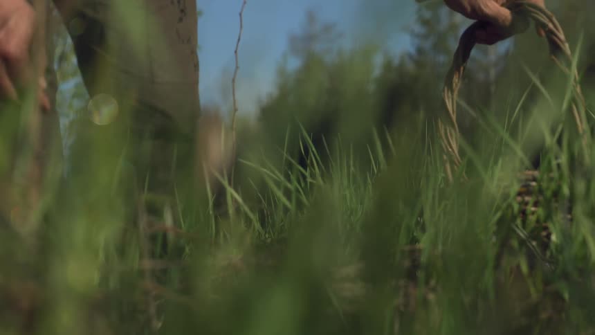 Man walks through a field near the woods gathering into a basket