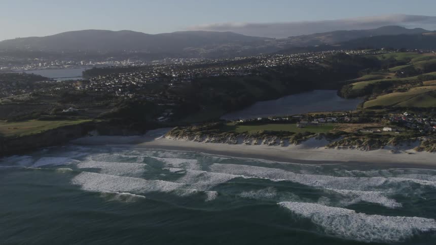 Aerial view of a distant coastal town