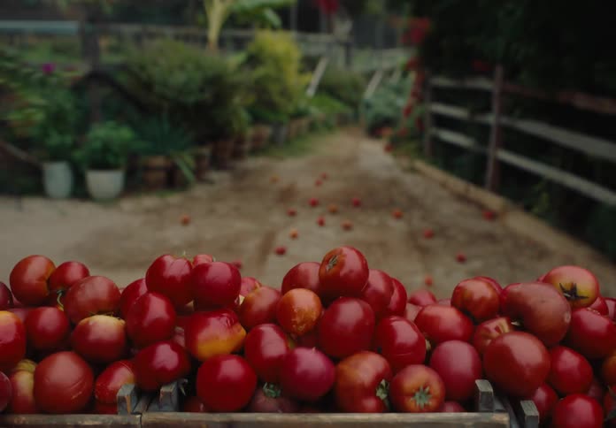 Tomatoes fall off the vehicle as it drives in the farm