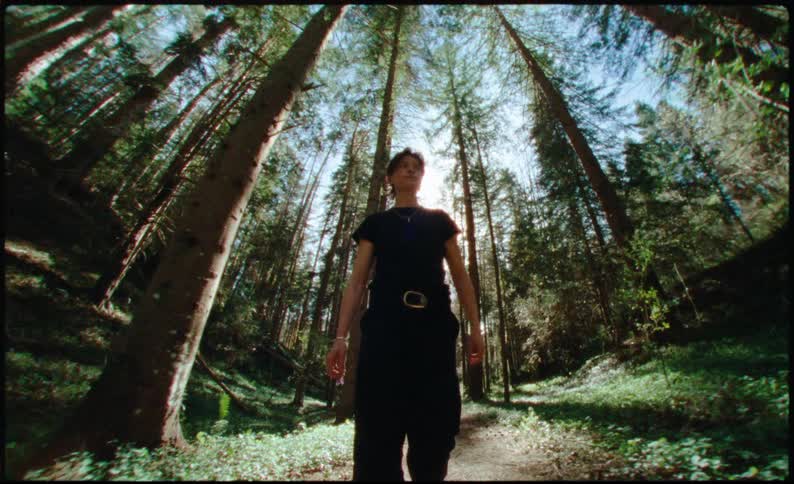 A man walking on a trail in a forest