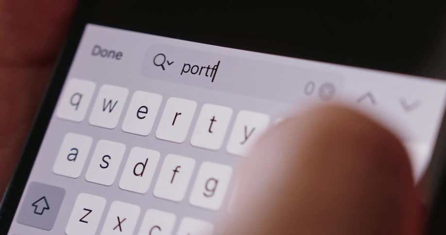 The word portfolio is searched on a cell phone screen