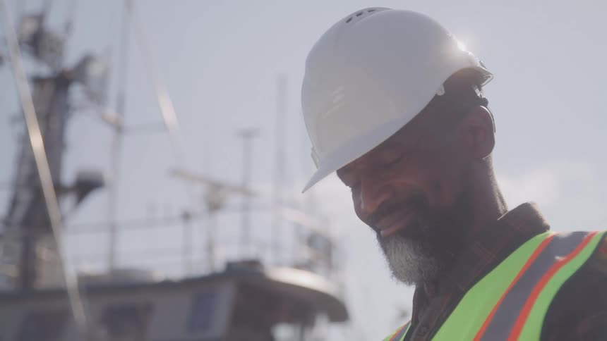 The face of a man in work gear who has a subtle smile while looking straight ahead and then starts looking down to write something down on a piece of paper