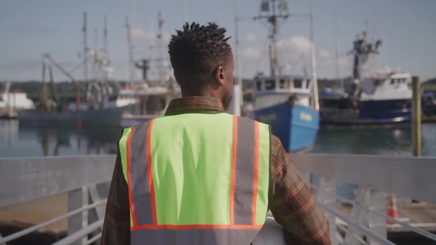 A man wearing a safety vest and carrying a hard hat walks along a pier toward several boats docked in a harbor on a sunny day