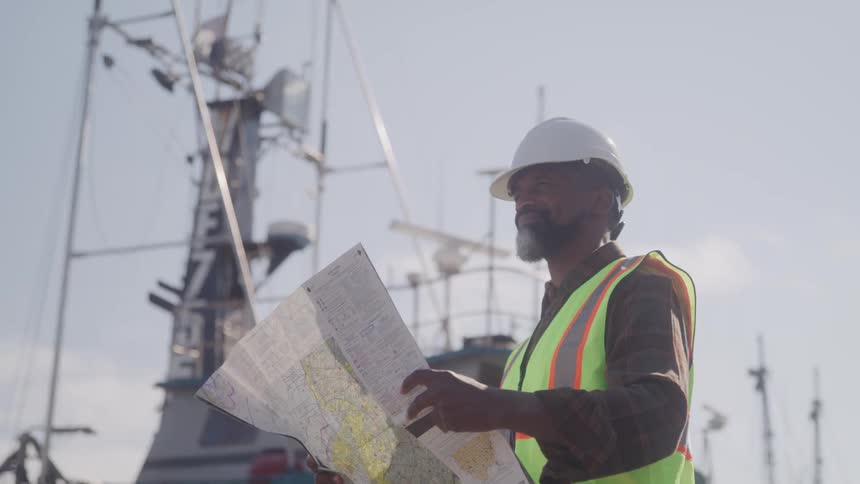 A man near a ship reading a map