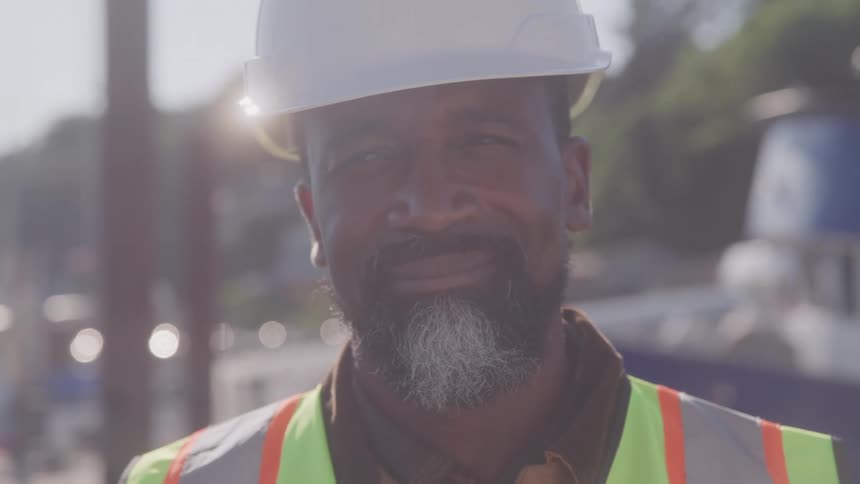 The construction worker is smiling on a sunny day