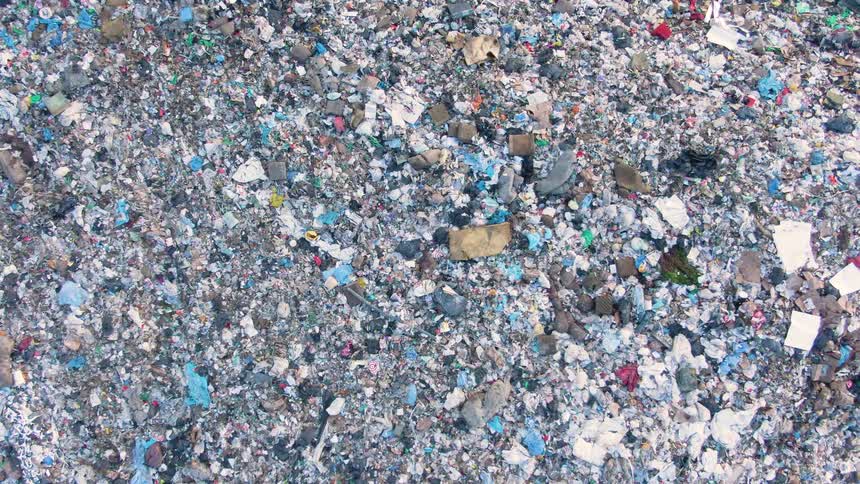 Close up aerial of garbage at a landfill