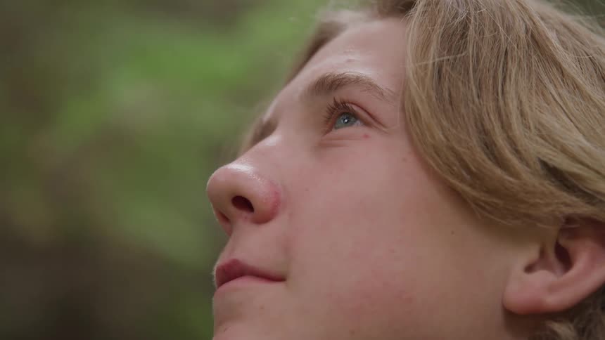 A young boy stands outdoors in the woods gazing up at the sky with a smile on his face surrounded by tall trees