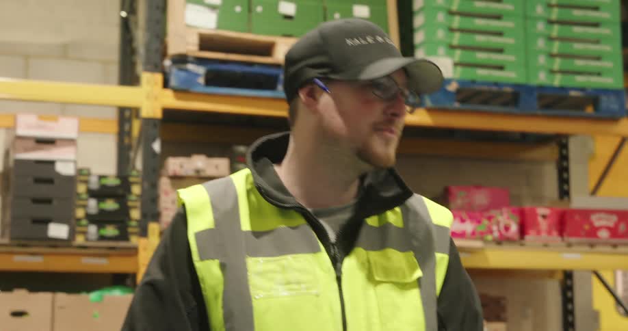 Workers wearing a highvisibility vest working in a warehouse with stacked boxes and shelves