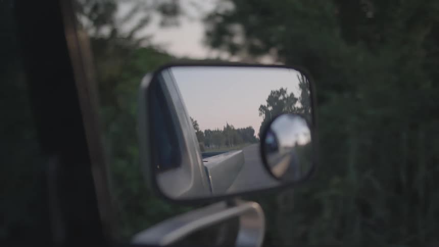 A pickup truck is going down a road and the mirror shows a lot of vegetation