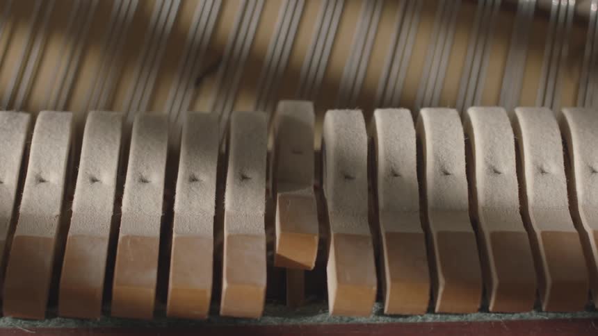 The internal wooden hammers on a piano move up and down slowly