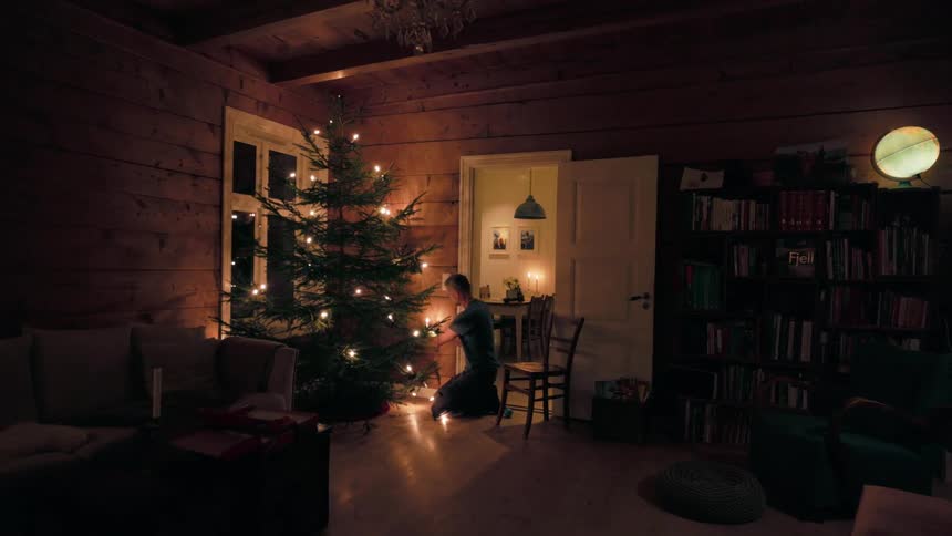 A man is decorating a christmas tree