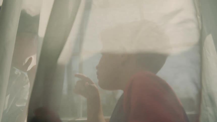Two boys playfully argue behind translucent curtains their silhouettes softly lit by sunlight