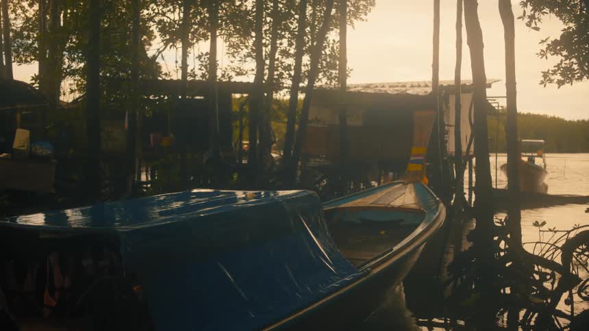 A boat is docked at a house under the trees