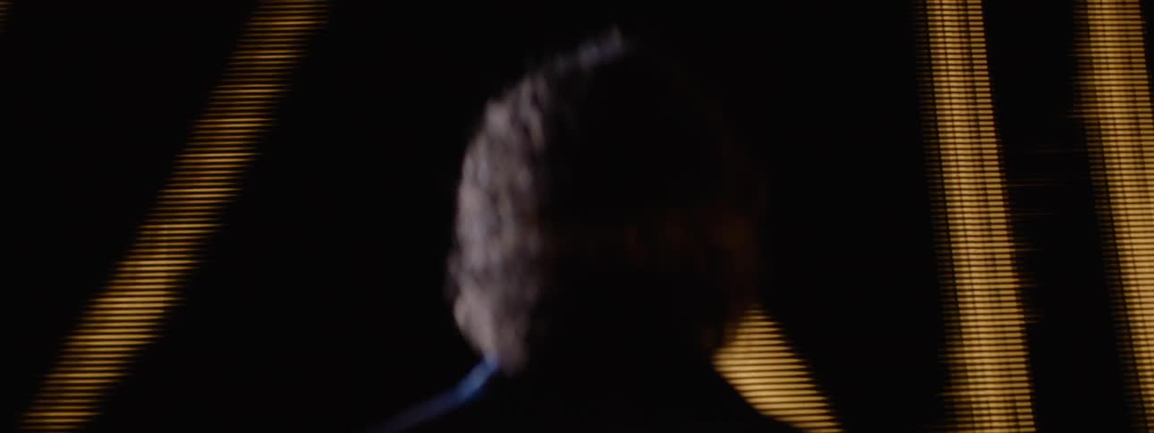 A curlyhaired man in profile is dramatically lit against vertical light patterns