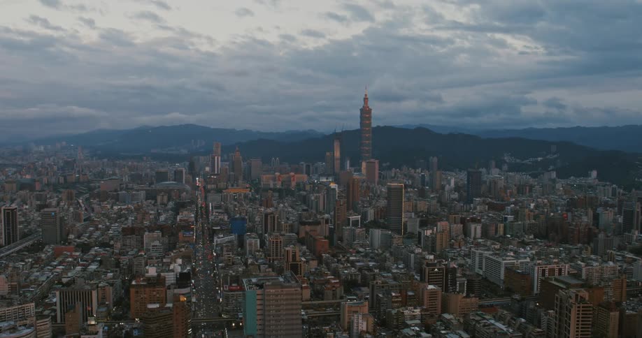 Aerial of a metropolitan area at dawn