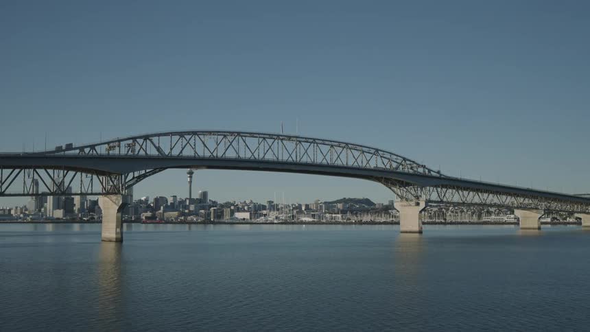 A large steel bridge spans across a body of water with a city skyline visible in the background