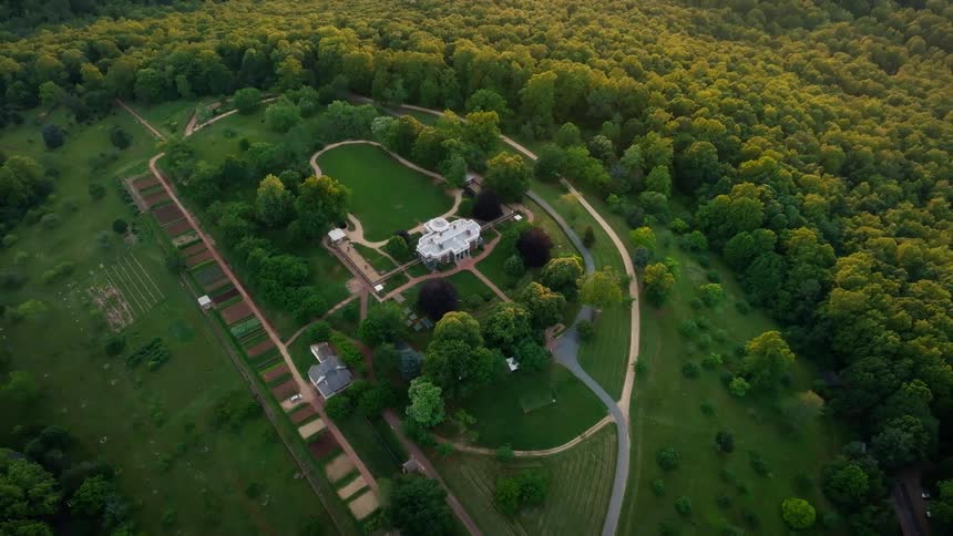 Forest surrounds an estate located on a hill across the river from a residential area