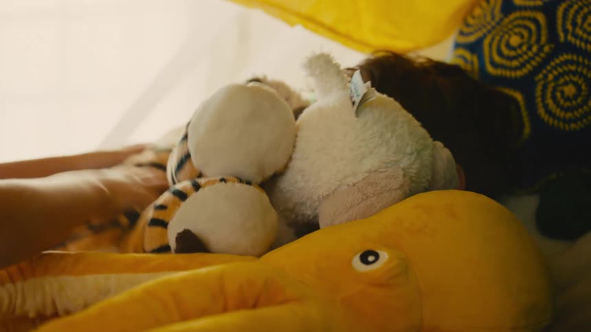 A footage of a person arranging teddy bears
