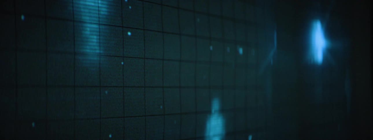 A dark gridded screen displays glowing blue stick figures connected by lines and dots illustrating a network or social connection concept