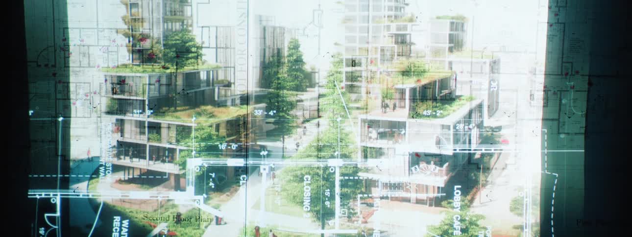 A drawing of home plans is superimposed on a blueprint
